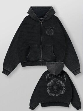 YoungLA 5149 Star Crest Zip-Up Hoodie Black Wash XXL NWT
